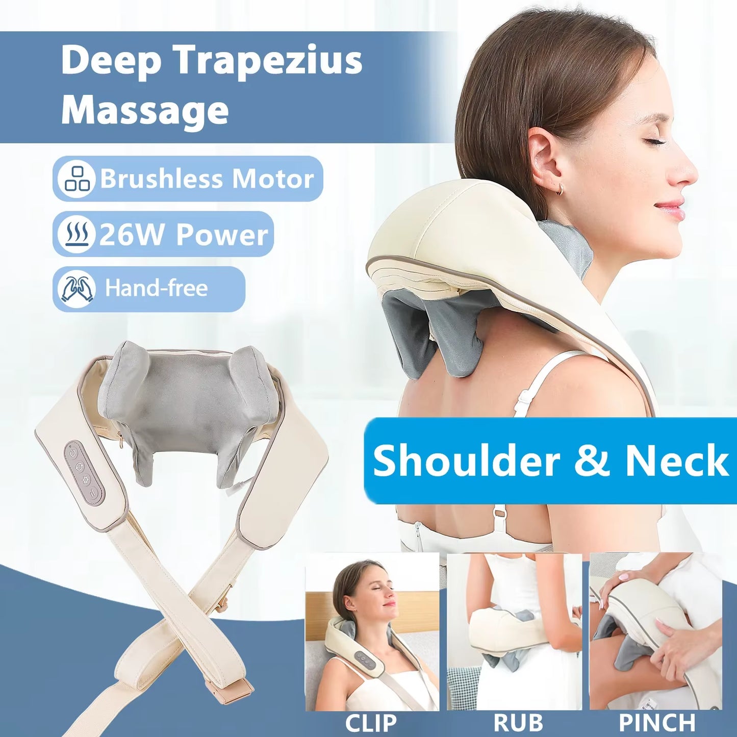 2026 New 26W Brushless Motor Neck and Shoulder Massager Wireless Shoulder and Back Kneading Massage Shawl Neck Masajeador